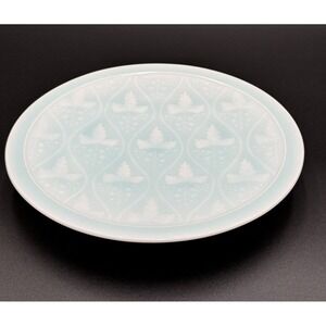 Vintage Celadon Compote Pedestal Plate Embossed Leaf Floral 10" Grandmillennial